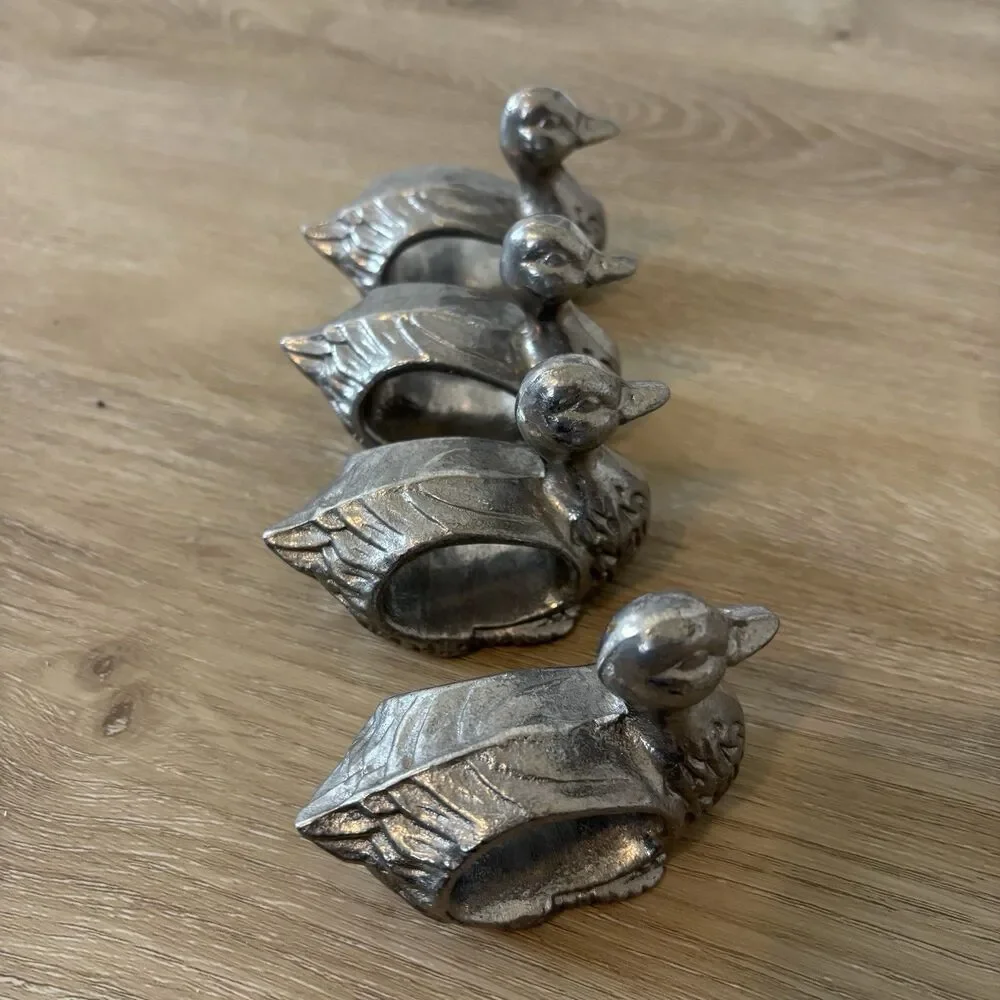 Vintage Pewter/ Metal Duck Napkin Rings Set 4 Grandmacore Cottagecore TableDecor